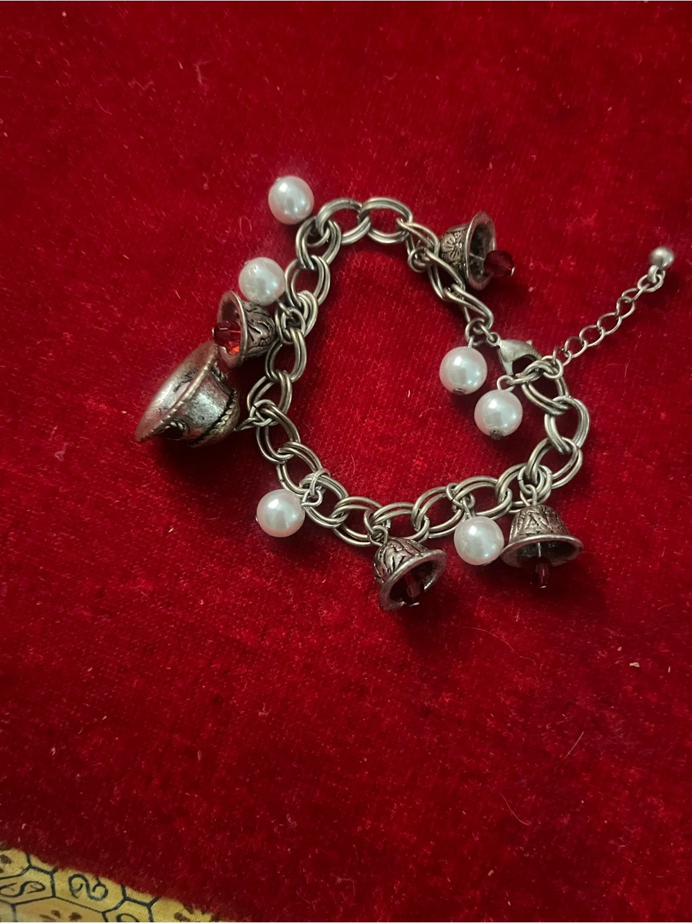 Silver Bell Charm Bracelet with Pearl Beads - Women's Jewelry